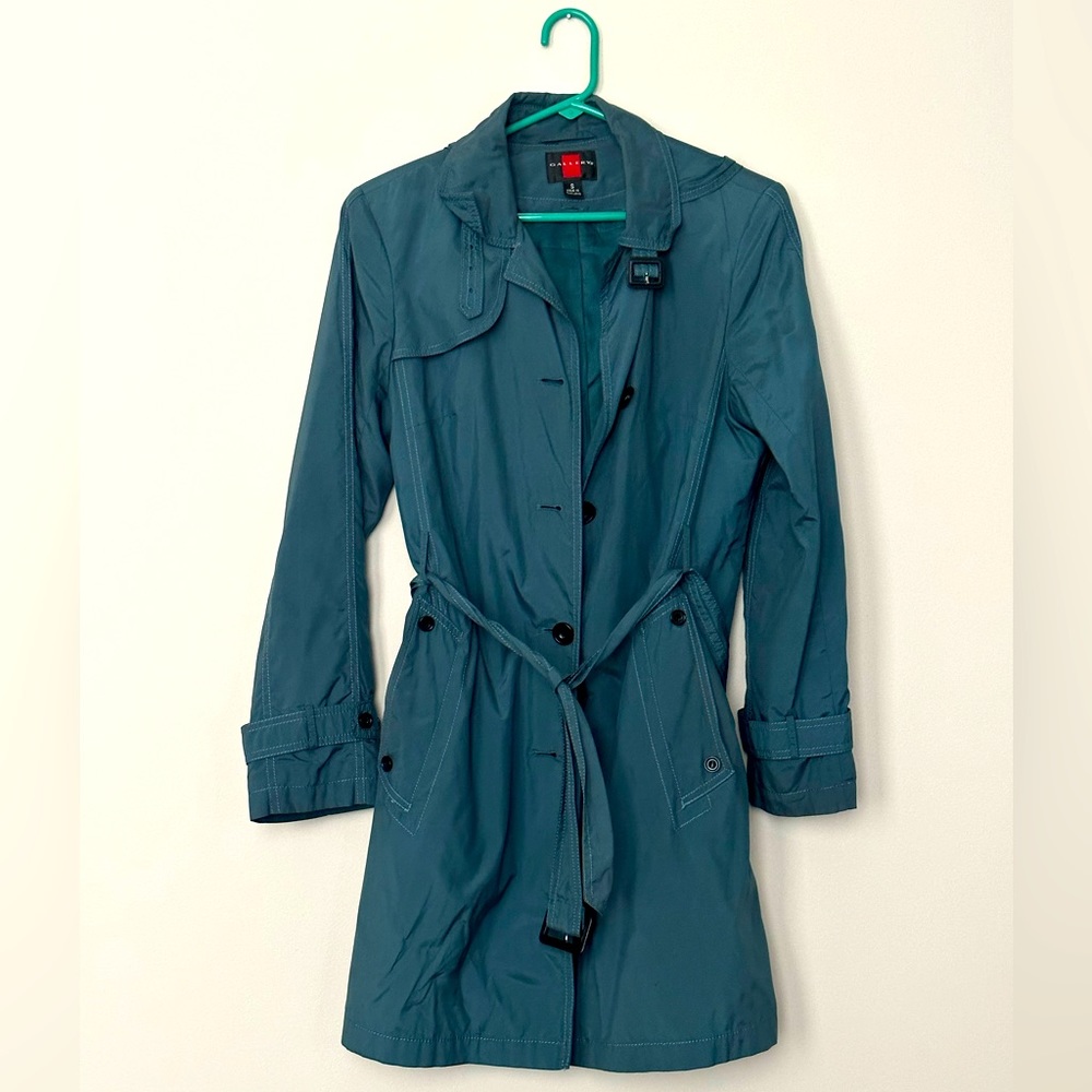 Blue teal hooded rain trench coat w/ removable liner